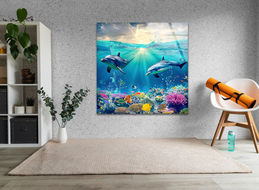 Beautiful Underwater Dolphins Glass Wall Art glass pictures for Wall, glass prints wall art
