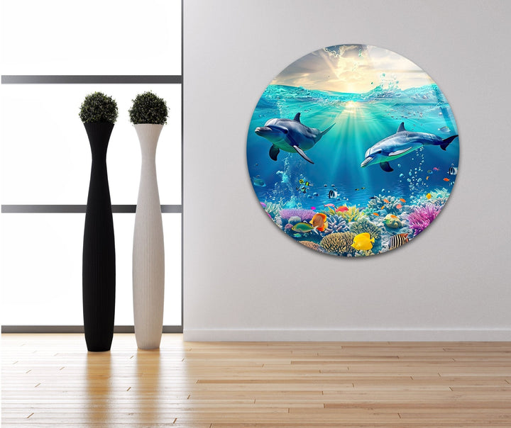 Beautiful Underwater Dolphins Glass Wall Art Beautiful Underwater Dolphins Glass Wall Art