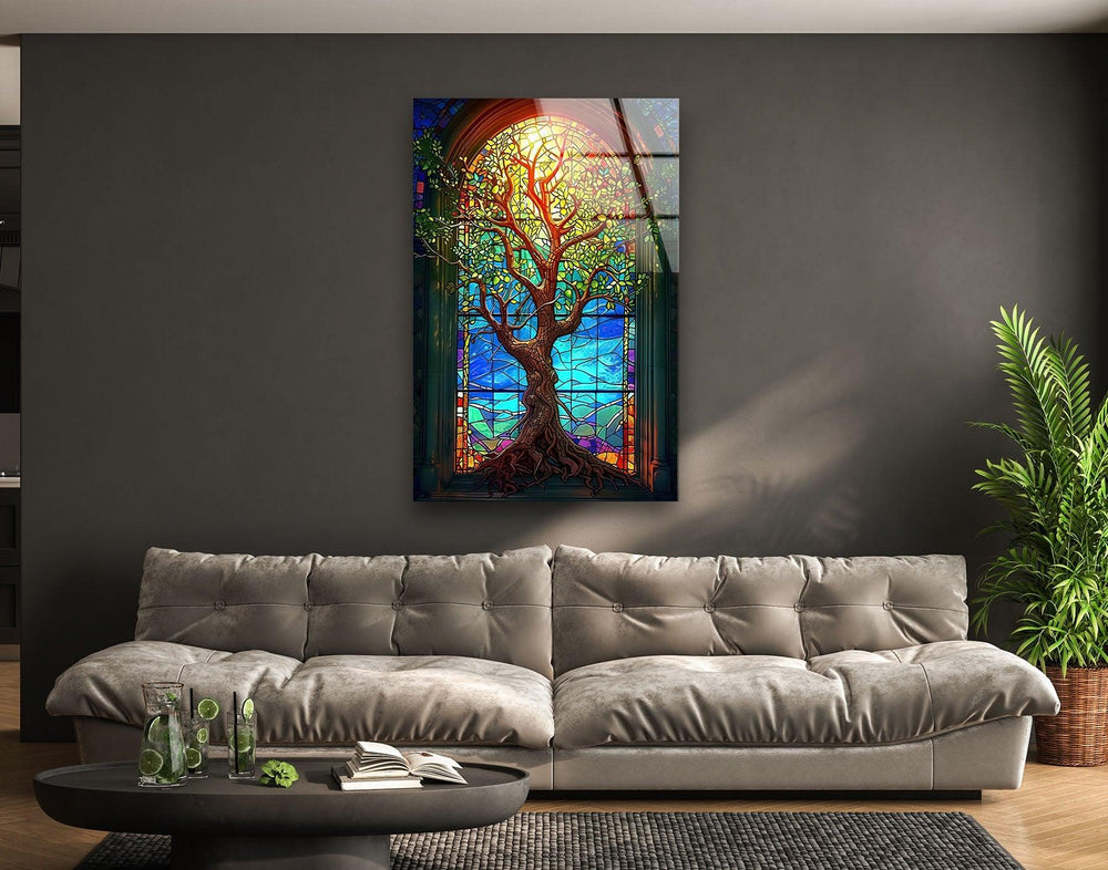 Beautiful Yellow Life of Tree Glass Wall Art glass art painting, glass art for the Wall
