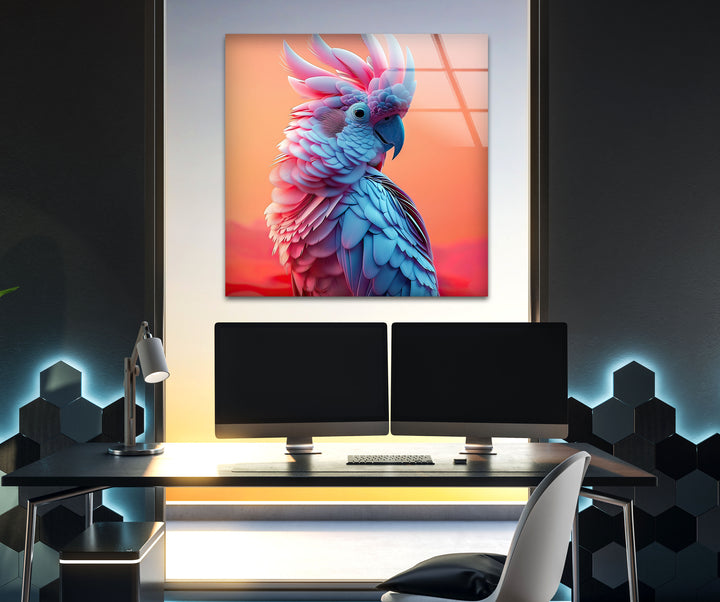 Beautiful Blue and Pink Bird Glass Wall Art photo print on glass, prints on glass wall art
