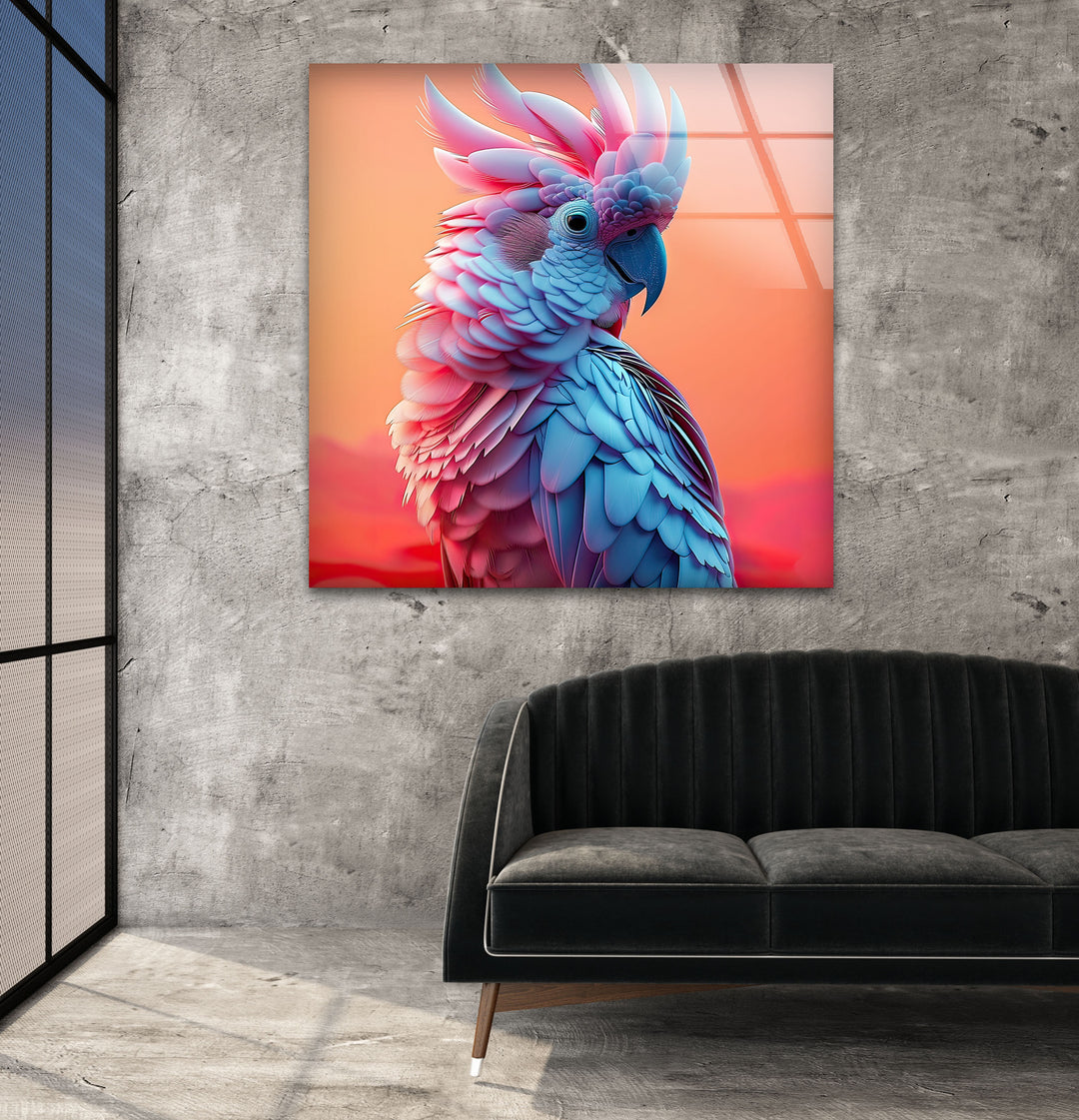 Beautiful Blue and Pink Bird Glass Wall Art custom glass photo prints, large glass prints
