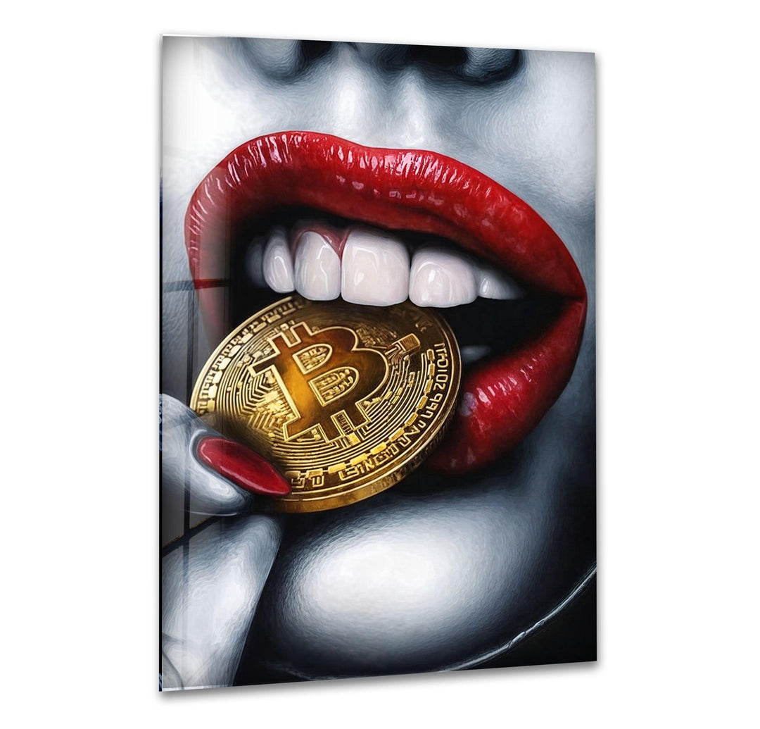 Bitcoin & Red Lips Glass Wall Art art glass wall art, glass wall art pictures
