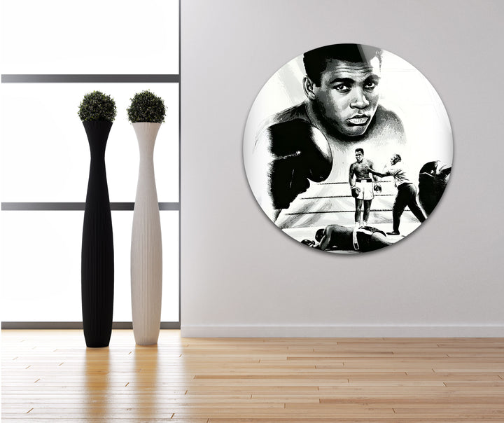 Striking black and white wall art featuring Muhammad Ali in a timeless and artistic composition.