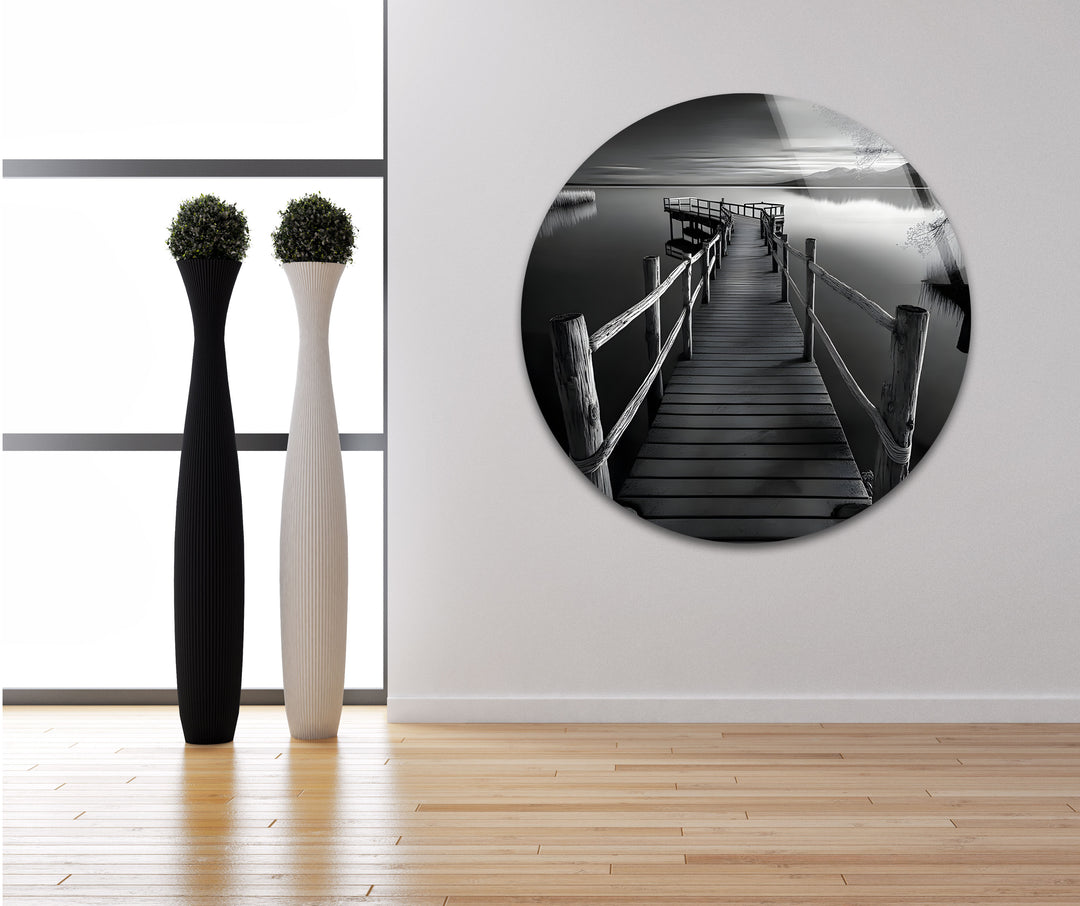 Striking black and white paintings of a dock landscape perfect for enhancing any decor with tranquility
