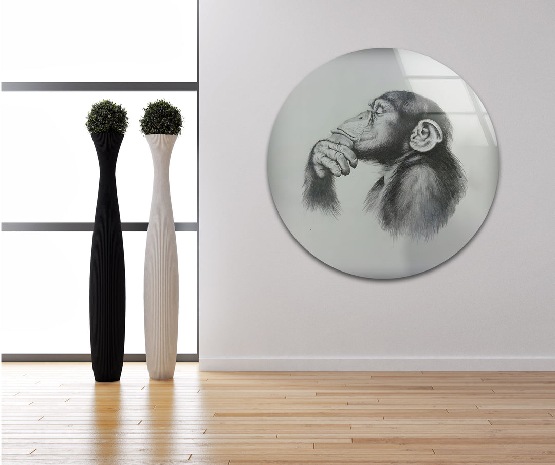 Black And White Drawing Monkey Glass Wall Art