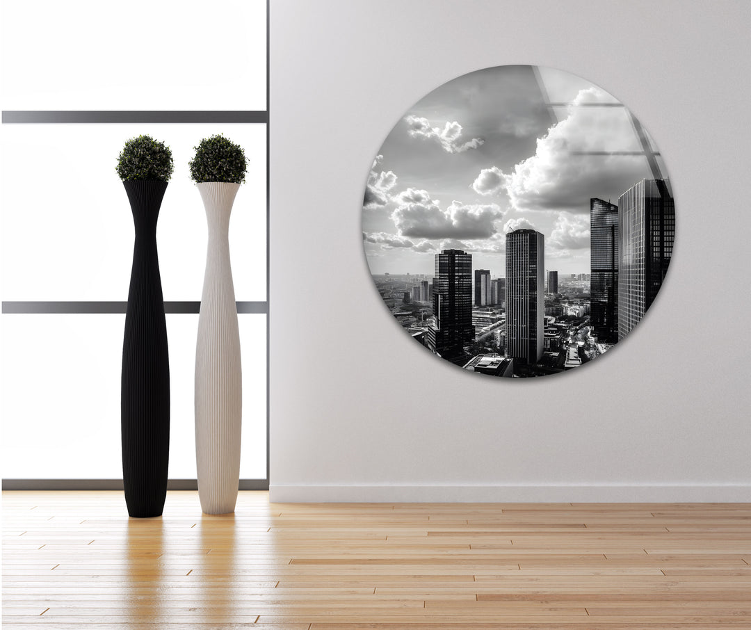 Black And White City Landscape Glass Wall Art