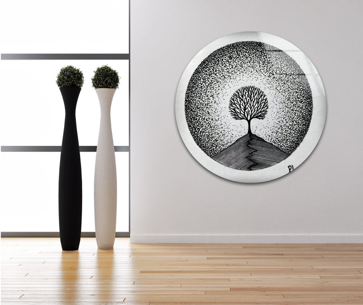 Black And White Tree Drawing Glass Wall Art