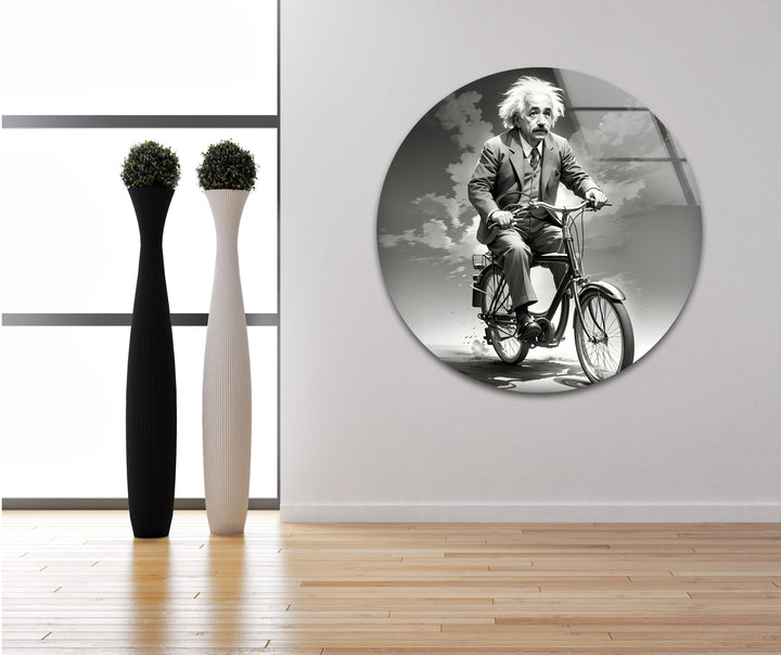 Black & White Albert Einstein on a Bicycle Glass Wall Art