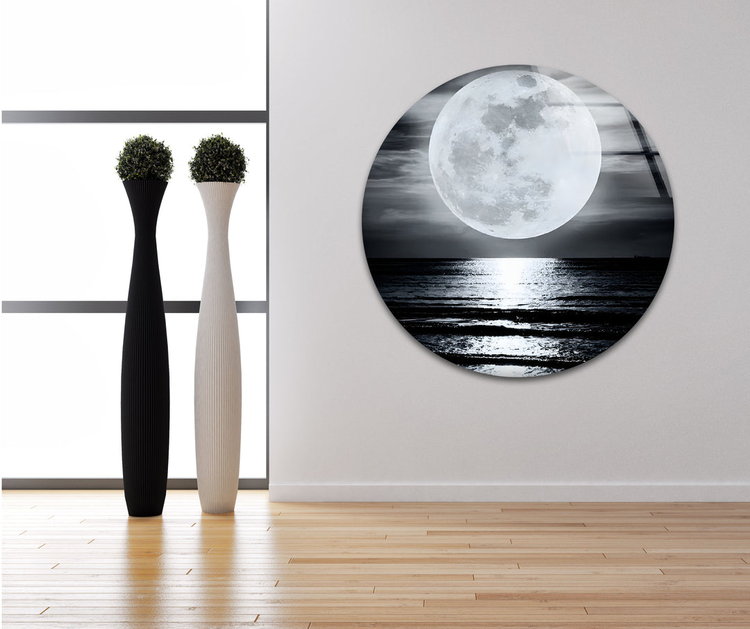 Black And White Moon Landscape Glass Wall Art