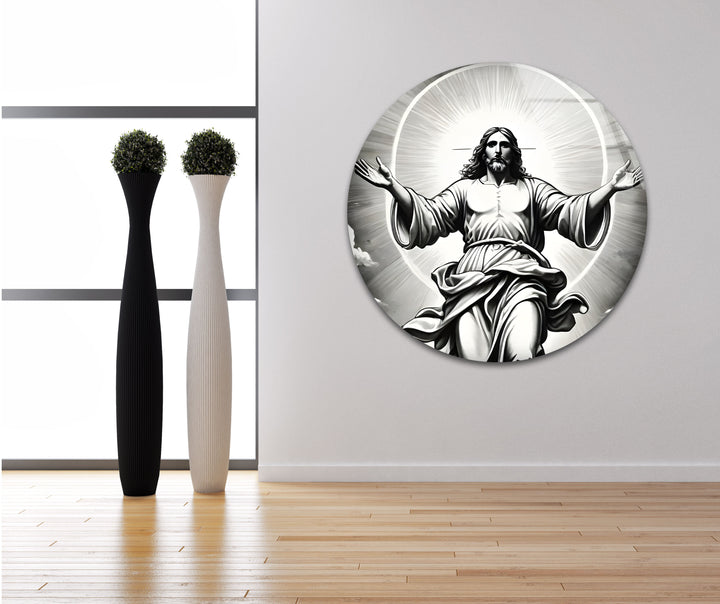 Striking black and white wall art of Jesucristo, combining sacred imagery with minimalist design elements.