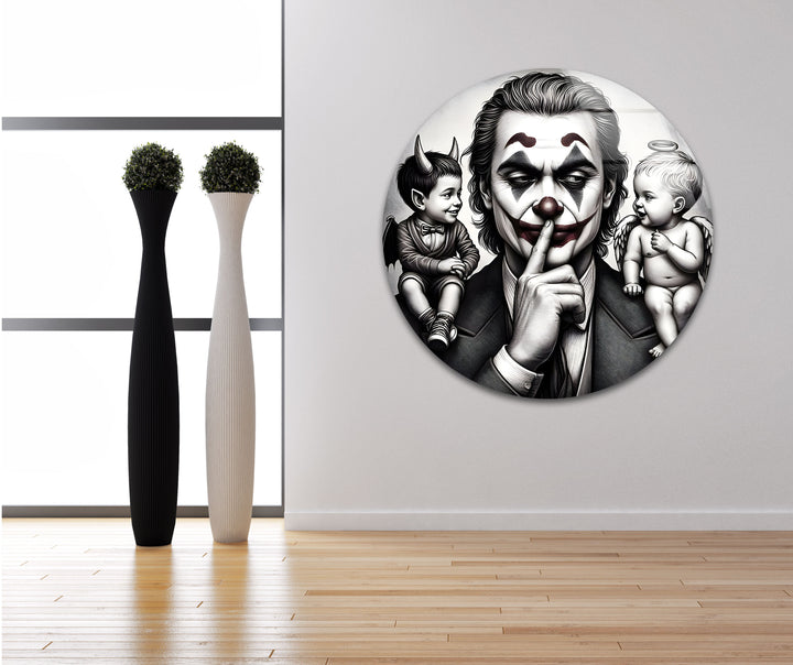 Striking black and white wall art featuring the Joker, embodying a mix of intrigue and creative expression.