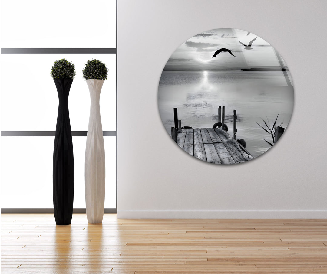 Black & White Dock Landscape Glass Wall Art