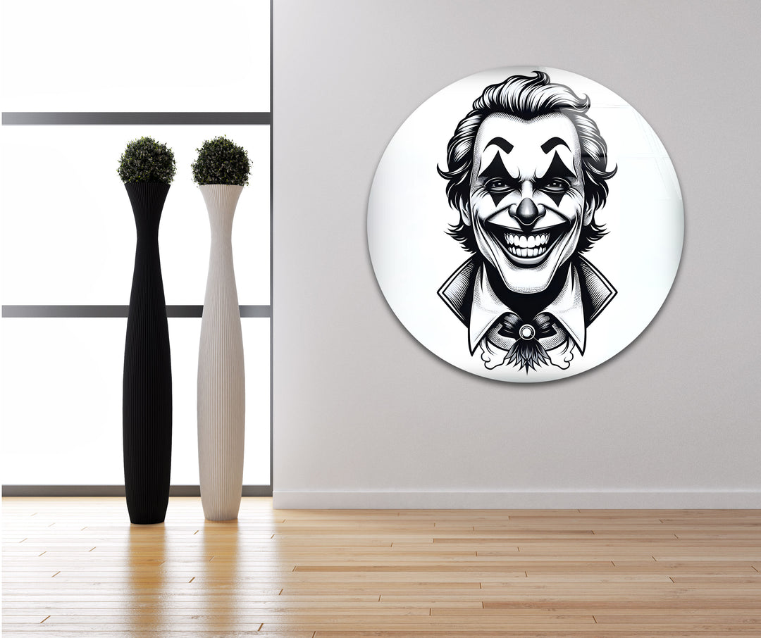 Striking black and white wall art featuring a portrait of the Joker, perfect for fans of dramatic and artistic decor.