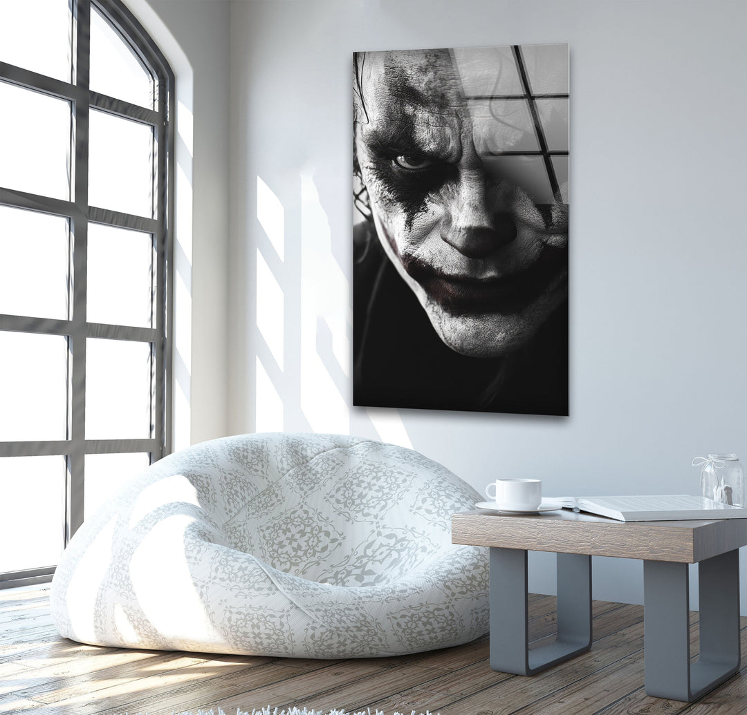 Black and White Joker Glass Wall Art photo print on glass, prints on glass wall art
