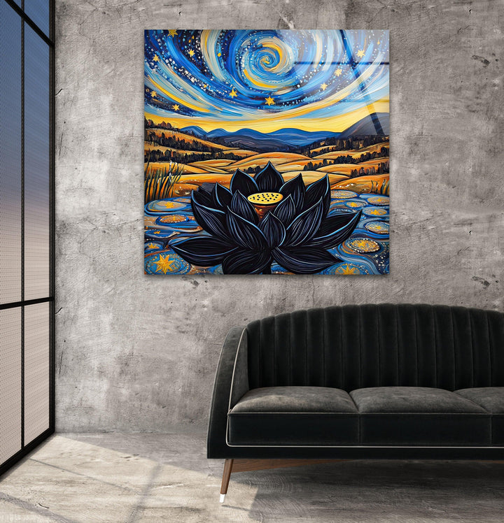 Black Lotus Glass Wall Art glass art painting, glass art for the Wall
