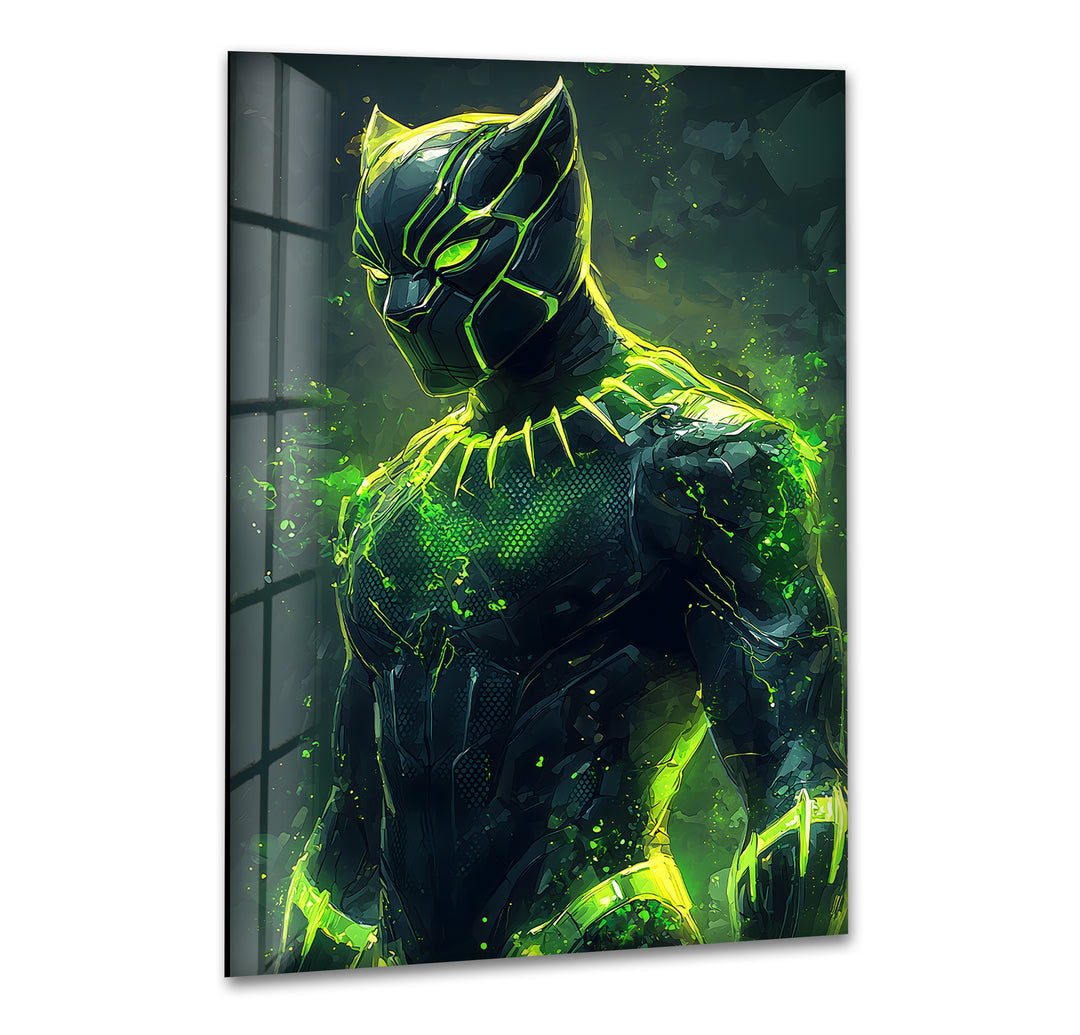 Green Fiery Black Panther Glass Wall Art print picture on glass, Tempered Glass Wall Art