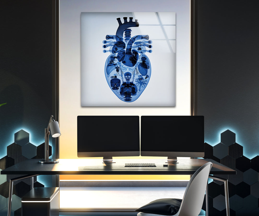 Blue Mechanical Heart Glass Wall Art print on glass, glass printed photos
