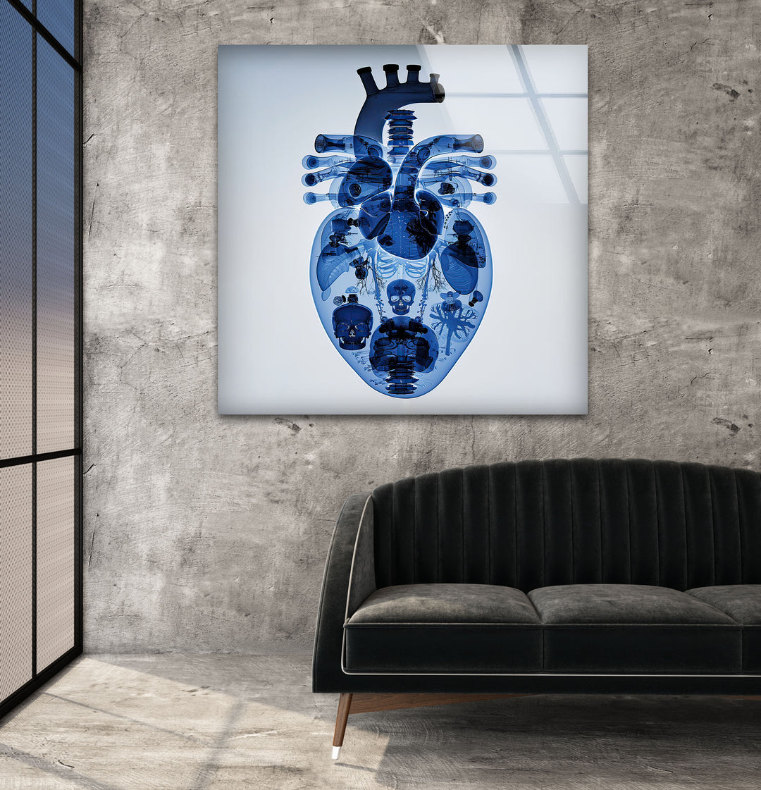 Blue Mechanical Heart Glass Wall Art custom glass photo prints, large glass prints
