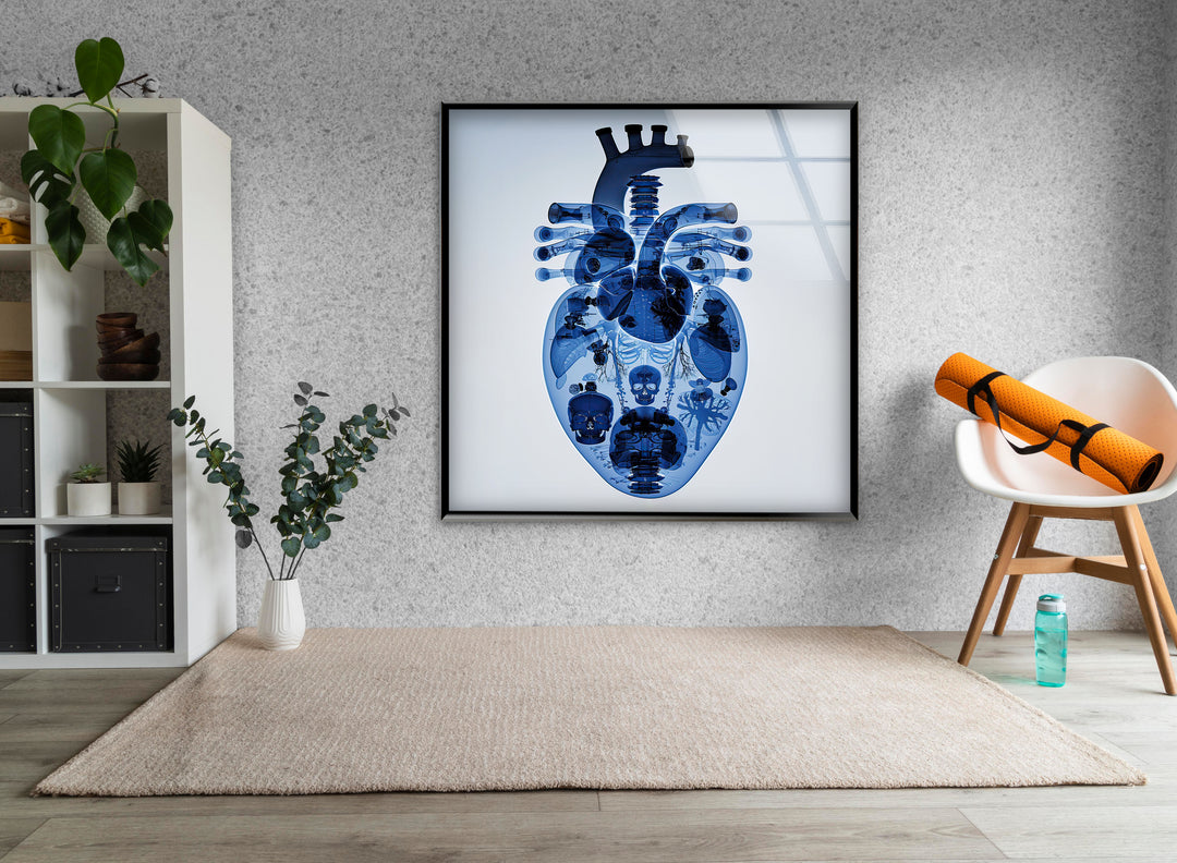 Blue Mechanical Heart Glass Wall Art picture on glass wall art, photos printed on glass
