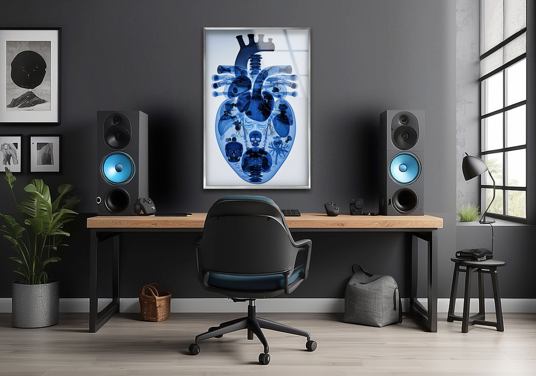 Blue Mechanical Heart Glass Wall Art glass photo prints, glass picture prints
