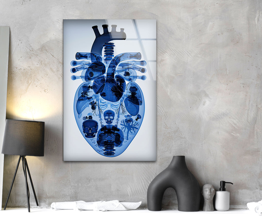 Blue Mechanical Heart Glass Wall Art glass pictures for Wall, glass prints wall art
