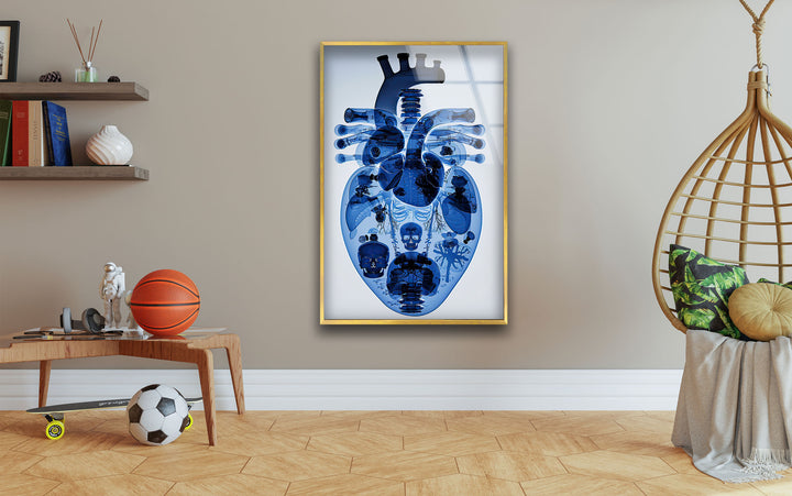 Blue Mechanical Heart Glass Wall Art custom glass pictures, glass art prints
