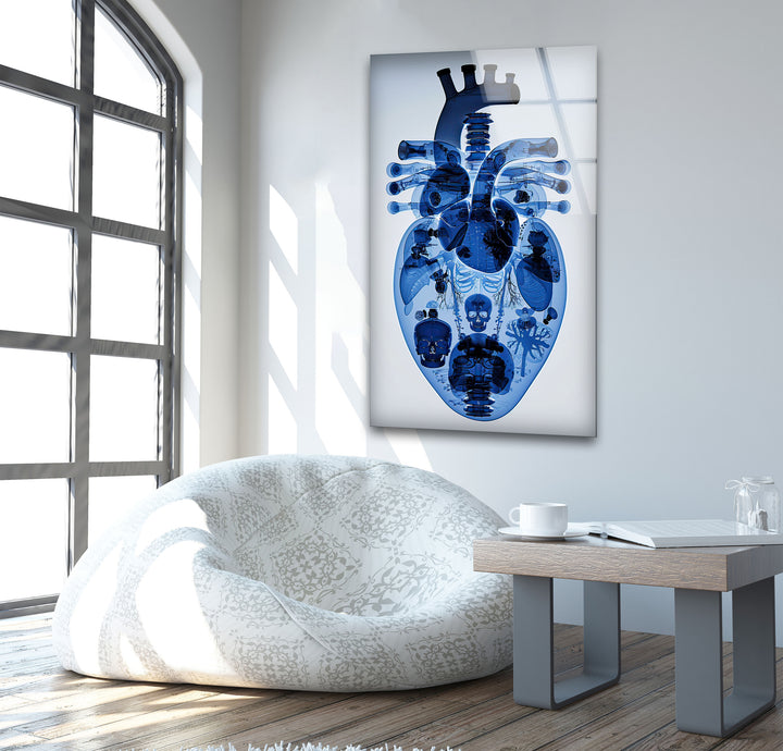 Blue Mechanical Heart Glass Wall Art photo print on glass, prints on glass wall art
