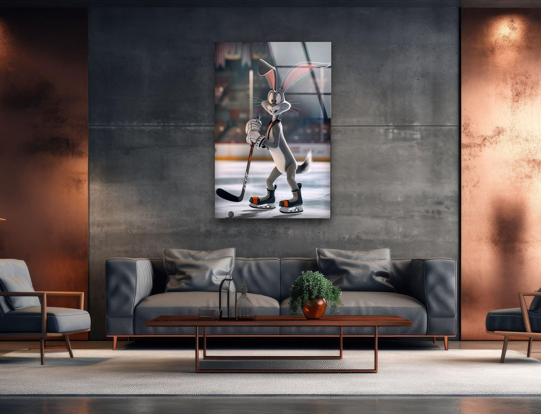 Bugs Bunny Ice Hockey Glass Wall Artwork | Custom Glass Photos