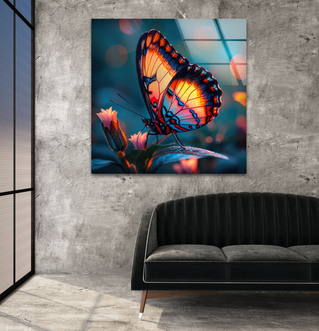 Glowing Butterfly Glass Wall Art print on glass, glass printed photos