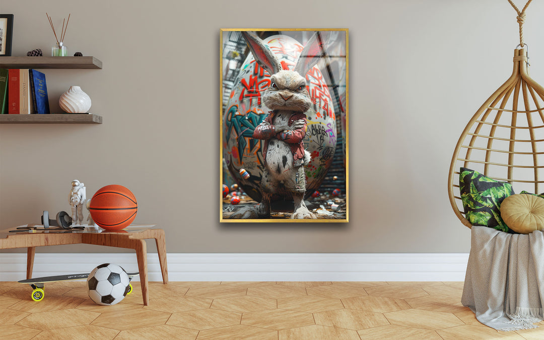 Caricature of a Punk Rock Rabbit Glass Wall Art