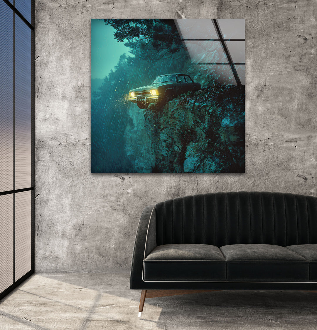 Car On The Cliff Glass Wall Art