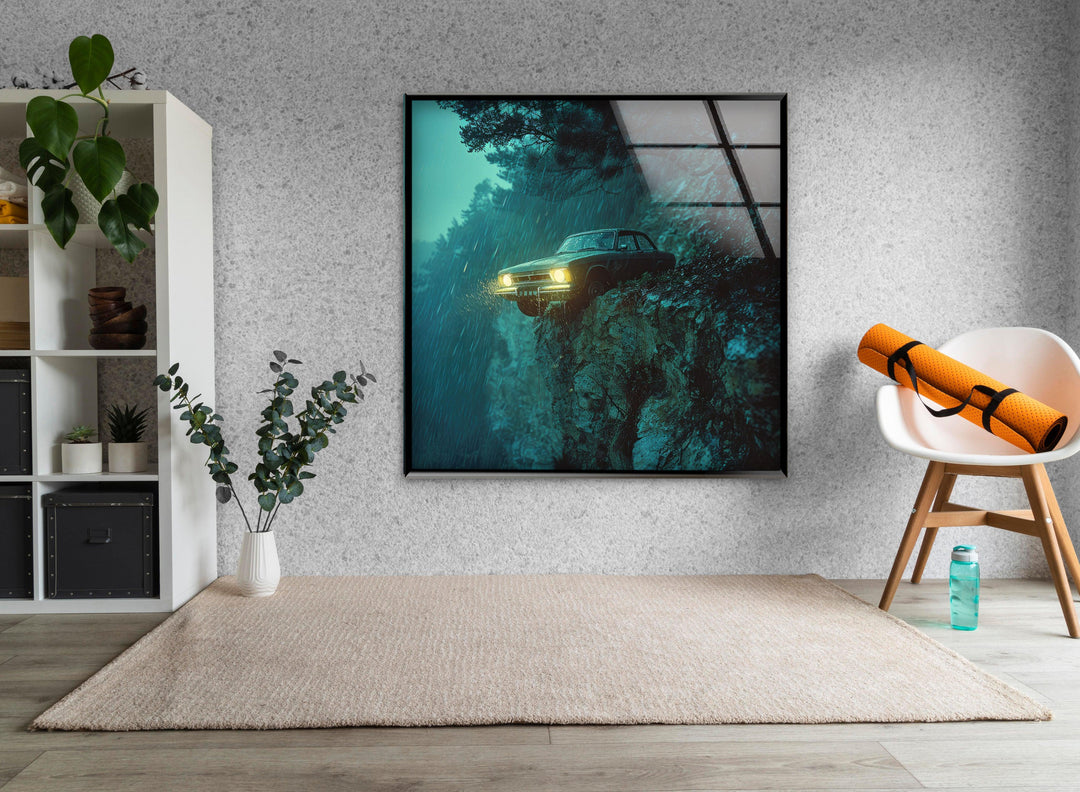 Car On The Cliff Glass Wall Art