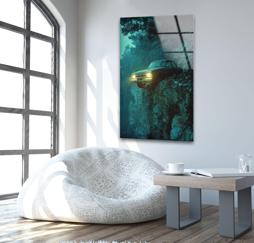 Car On The Cliff Glass Wall Art