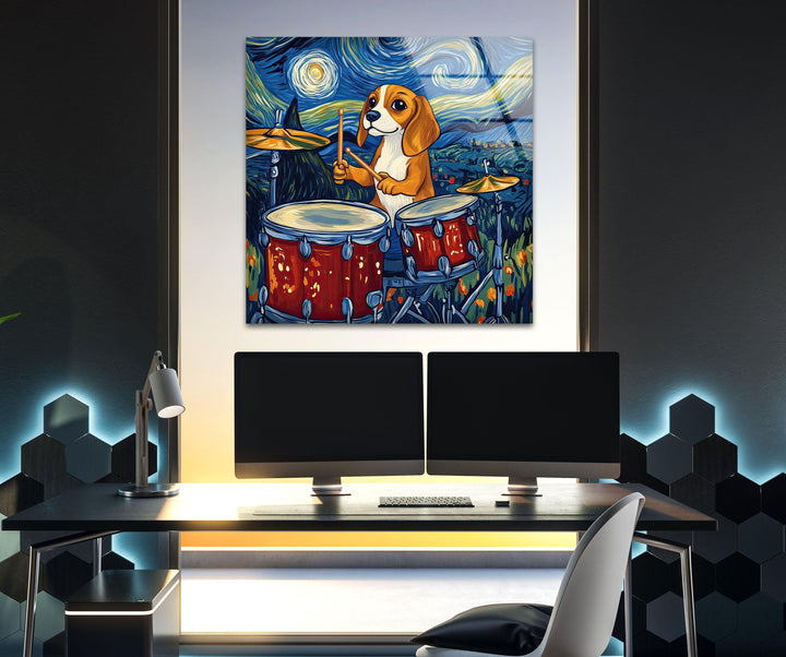 Cartoon Beagle Playing The Drums Glass Wall Art glass photo prints, glass picture prints
