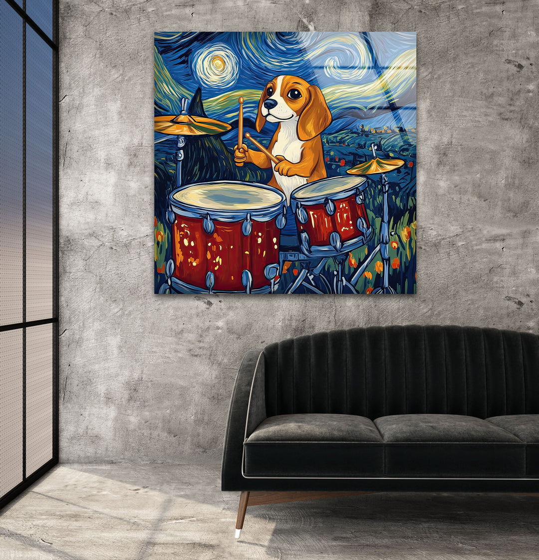 Cartoon Beagle Playing The Drums Glass Wall Art art glass wall art, glass wall art pictures
