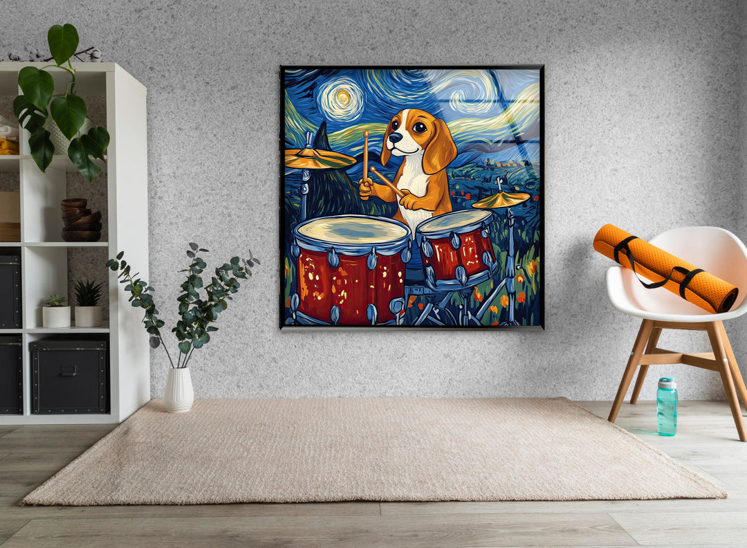 Cartoon Beagle Playing The Drums Glass Wall Art Glass Printing Wall Art, Print photos on glass
