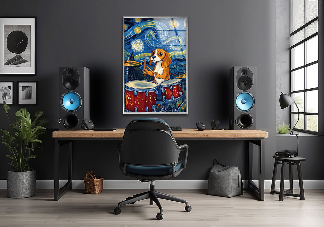 Cartoon Beagle Playing The Drums Glass Wall Art glass image printing, glass prints from photos
