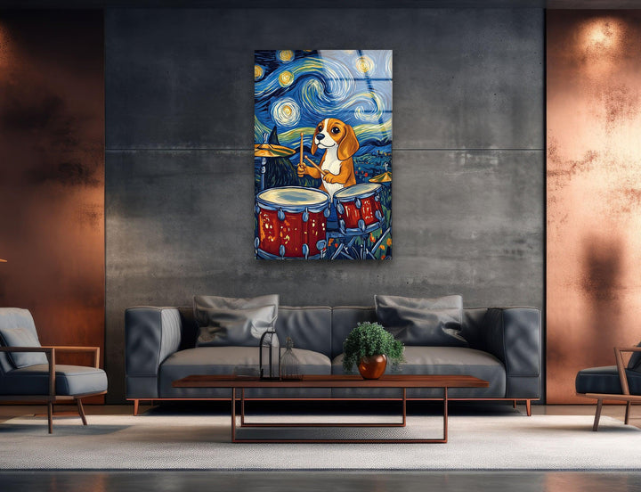 Cartoon Beagle Playing The Drums Glass Wall Art glass pictures for Wall, glass prints wall art
