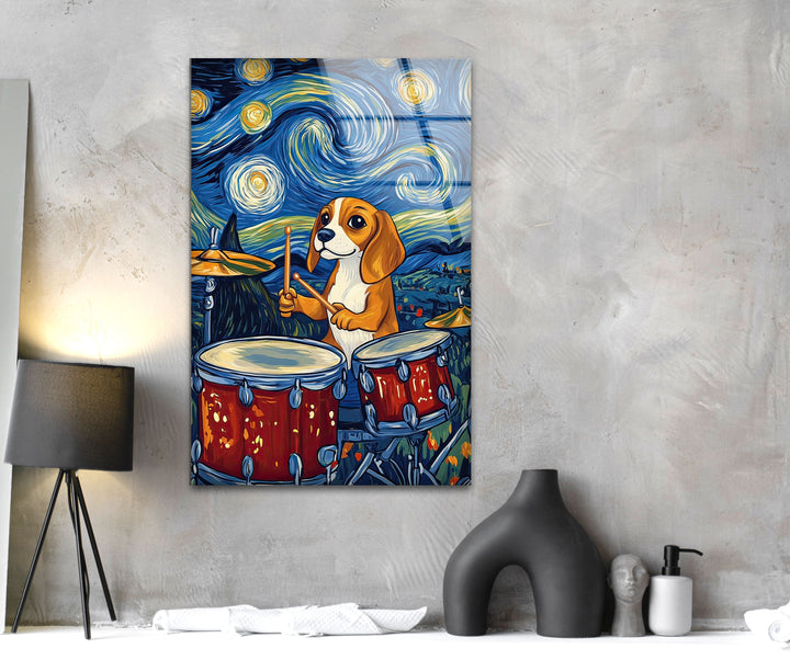 Cartoon Beagle Playing The Drums Glass Wall Art custom glass pictures, glass art prints
