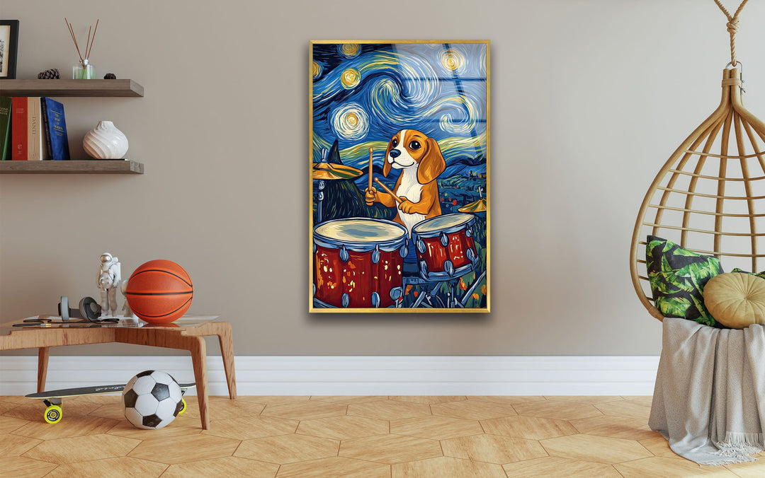 Cartoon Beagle Playing The Drums Glass Wall Art photo print on glass, prints on glass wall art
