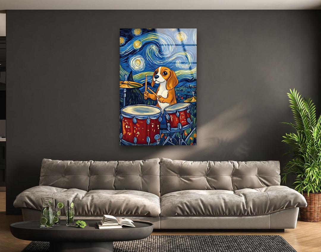 Cartoon Beagle Playing The Drums Glass Wall Art glass art painting, glass art for the Wall
