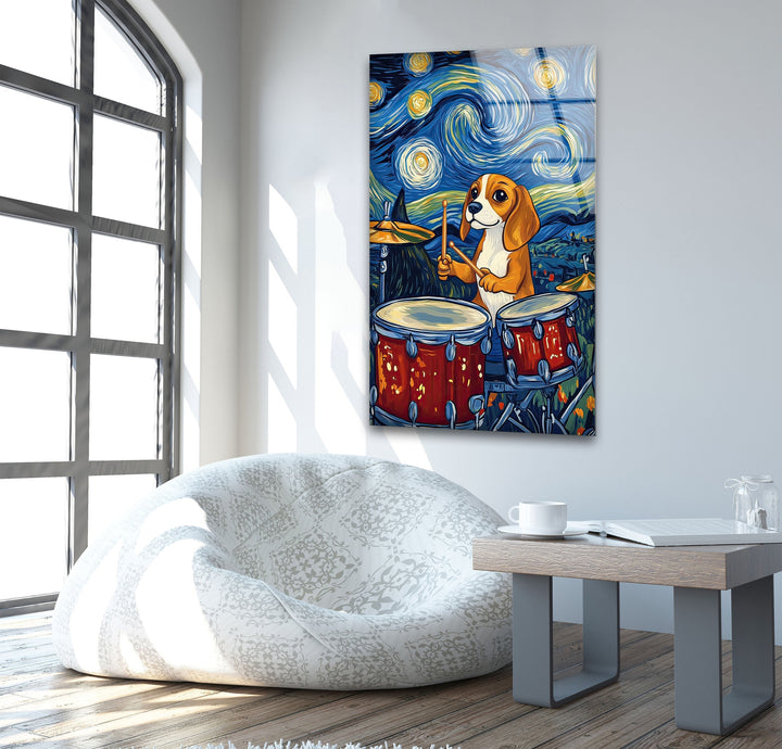 Cartoon Beagle Playing The Drums Glass Wall Art large glass photo prints, glass wall photos
