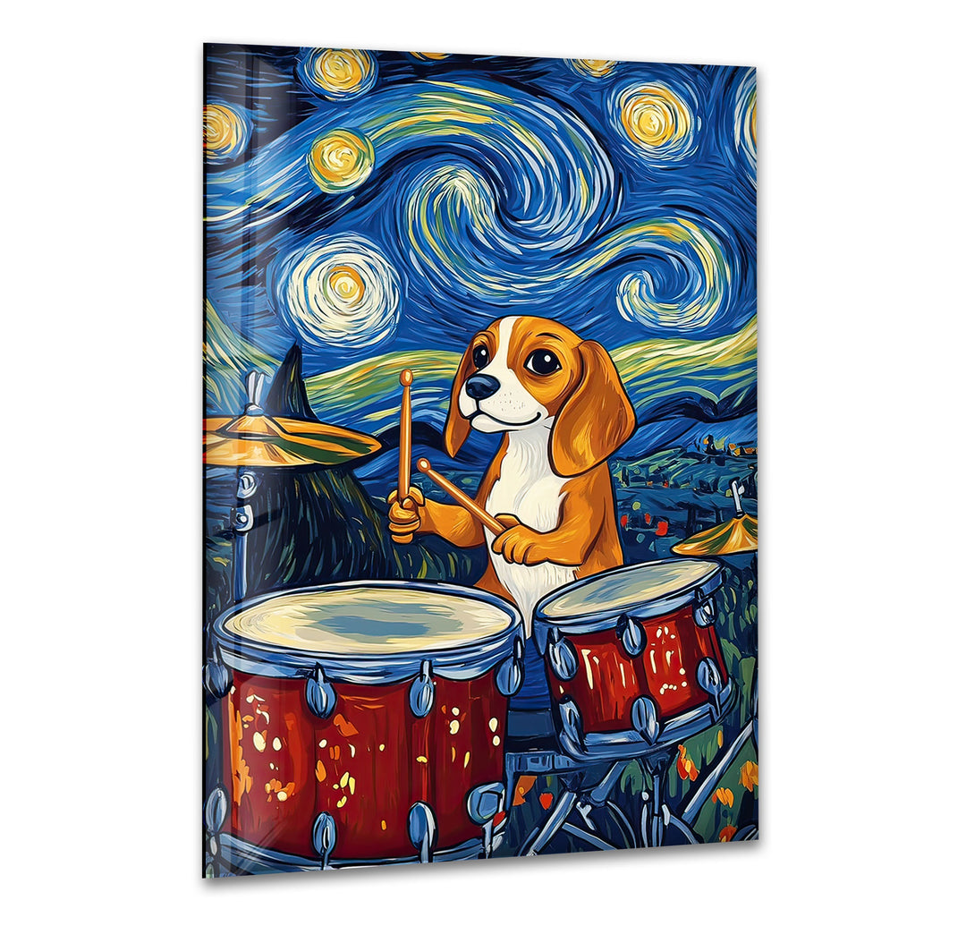 Cartoon Beagle Playing The Drums Glass Wall Art stained glass wall art, stained glass wall decor
