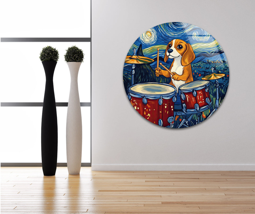 Cartoon Beagle Playing The Drums Glass Wall Art custom glass photo prints, large glass prints
