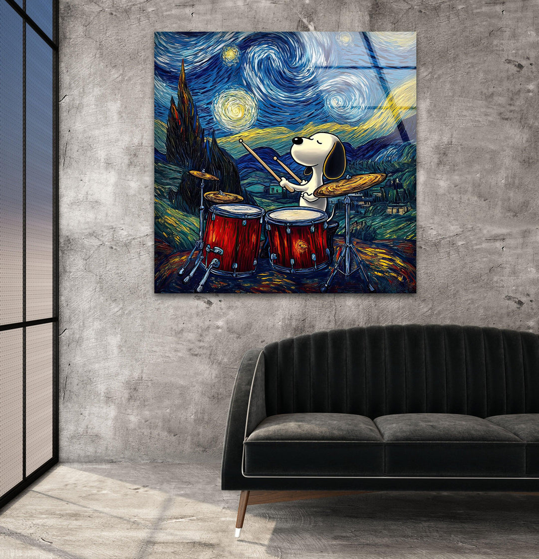 Cartoon Snoopy Playing The Drums Glass Wall Art picture on glass wall art, photos printed on glass
