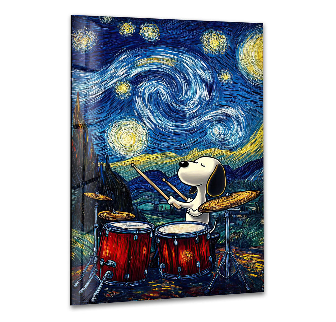 Cartoon Snoopy Playing The Drums Glass Wall Art large glass photo prints, glass wall photos
