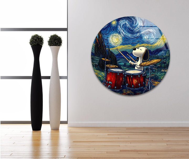 Cartoon Snoopy Playing The Drums Glass Wall Art Glass Printing Wall Art, Print photos on glass
