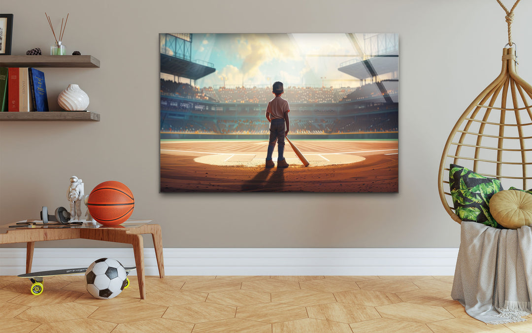 Kid Baseball Player Glass Wall Art