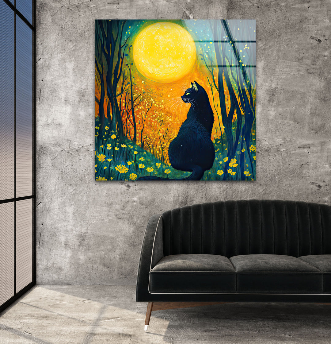 Cat and The Moon Glass Wall Art glass pictures for Wall, glass prints wall art
