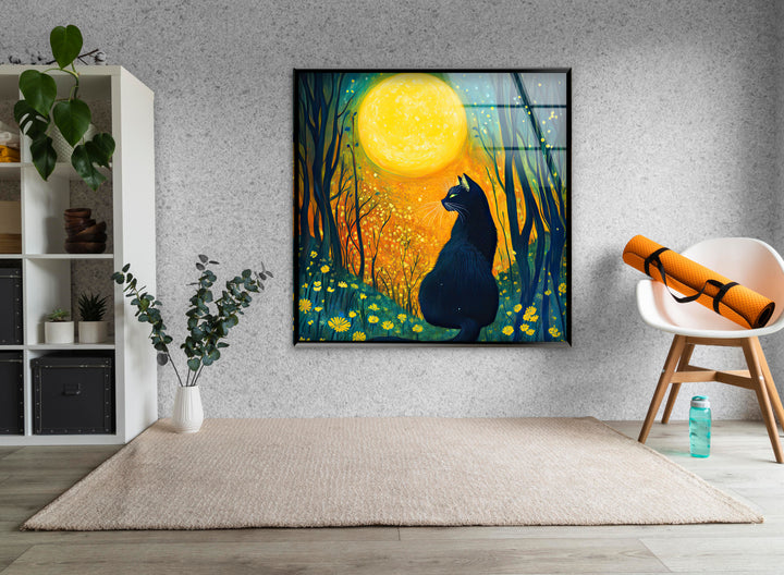 Cat and The Moon Glass Wall Art custom glass pictures, glass art prints
